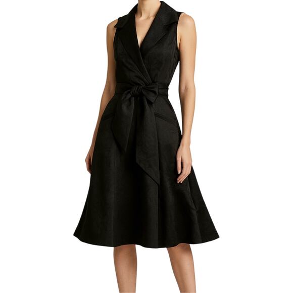 Vintage Tadashi Shoji Collection Little Black Dress 90 Knee Length Wrap Collar 6 - Picture 1 of 5